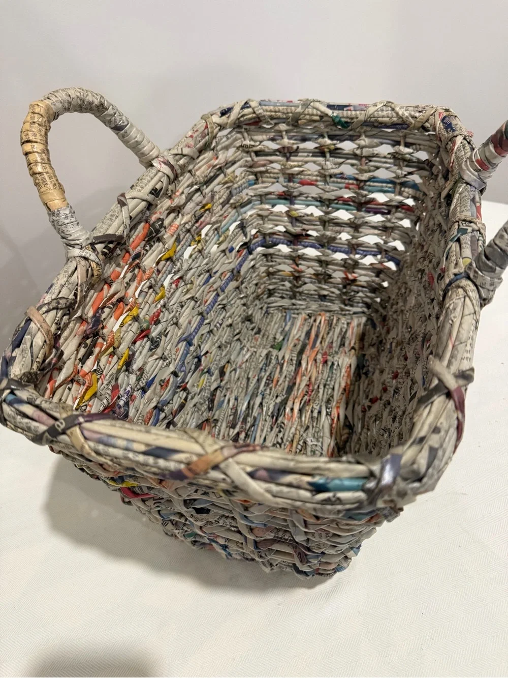 Hand Crafted Multi-Color Woven Newspaper Basket with Gray Tones